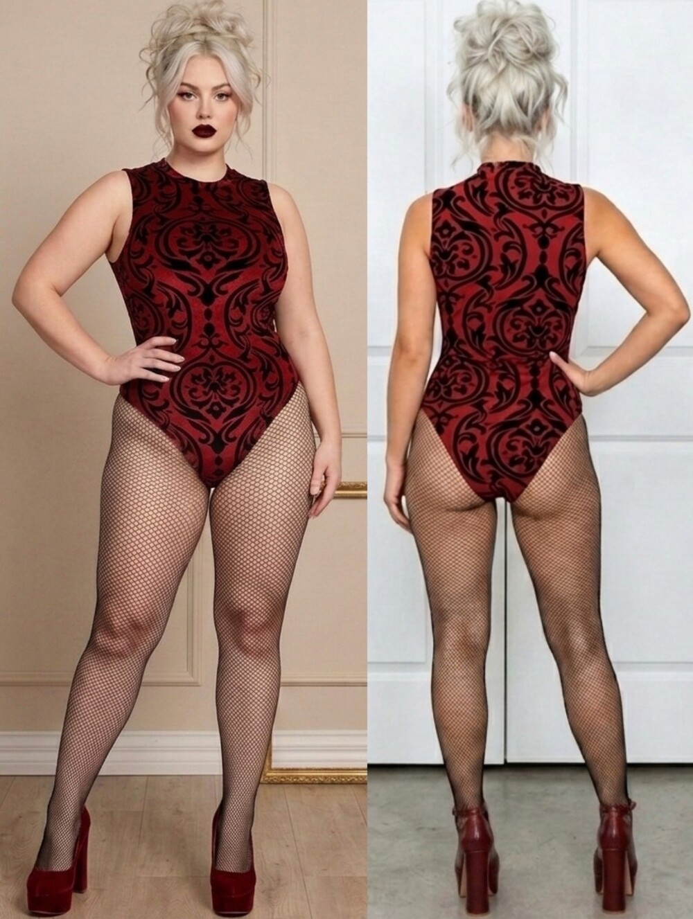 Red blk baroque flocked velvet design semi sheer high thigh cut bodysuit 1X NWOT